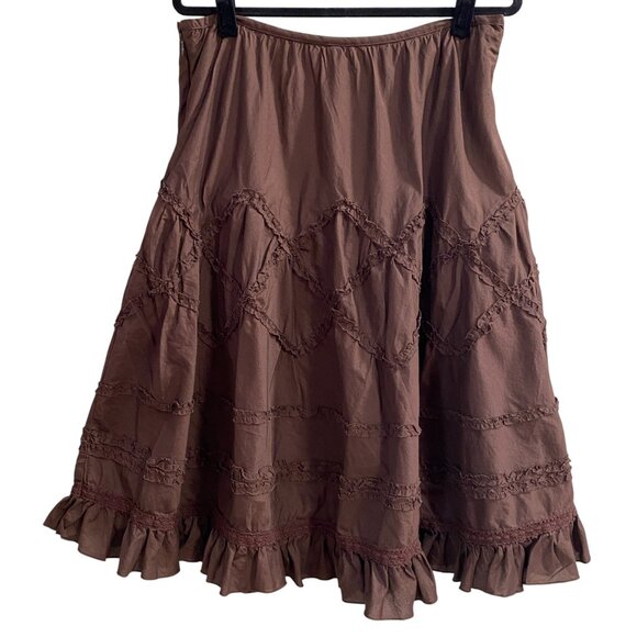 Boho Forest Fairy Full Midi Skirt Brown Crochet Lace Ruffles Western Festival-12 - Picture 1 of 11